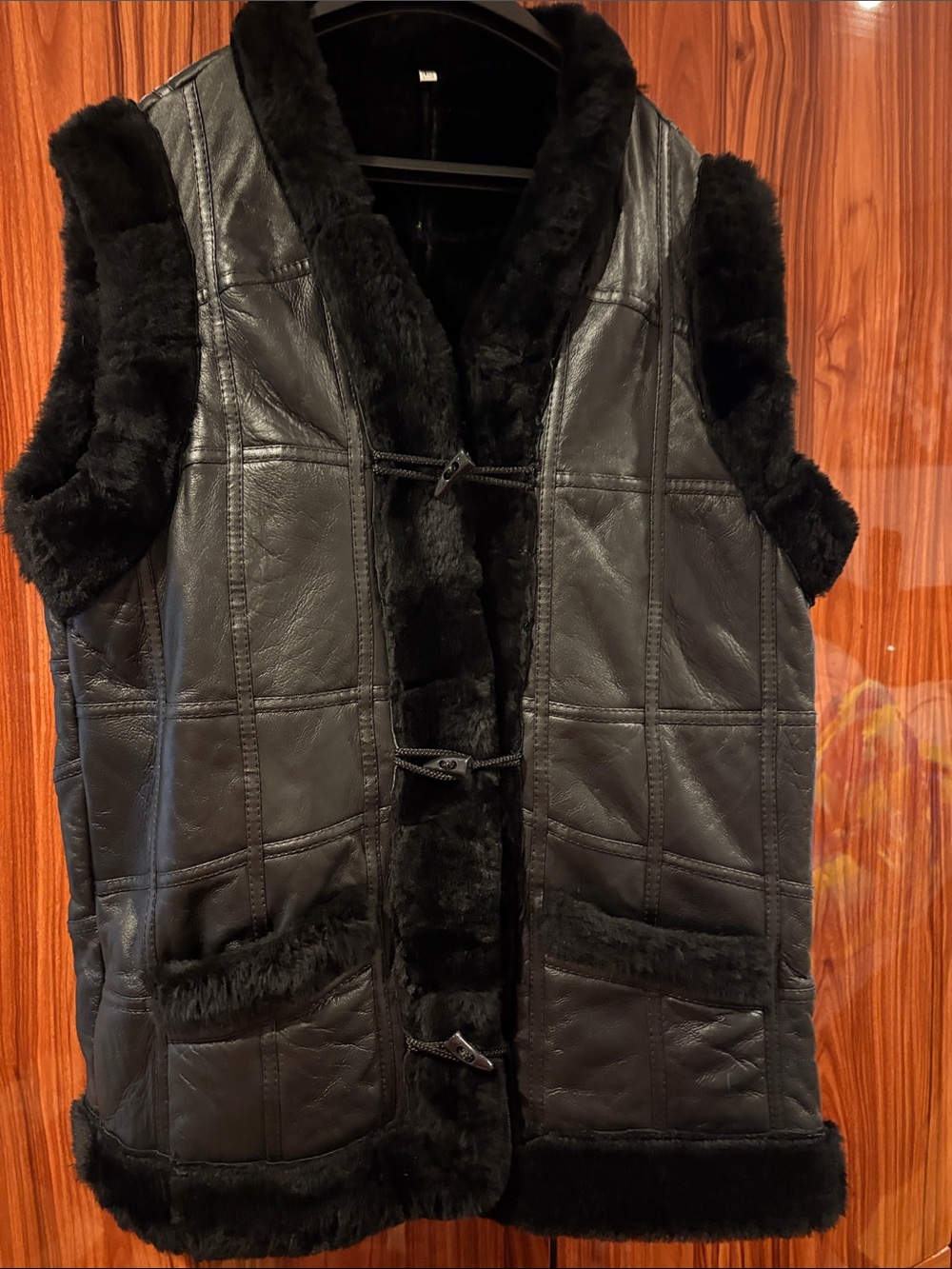 Black Faux Shearling Trim Leather Vest
